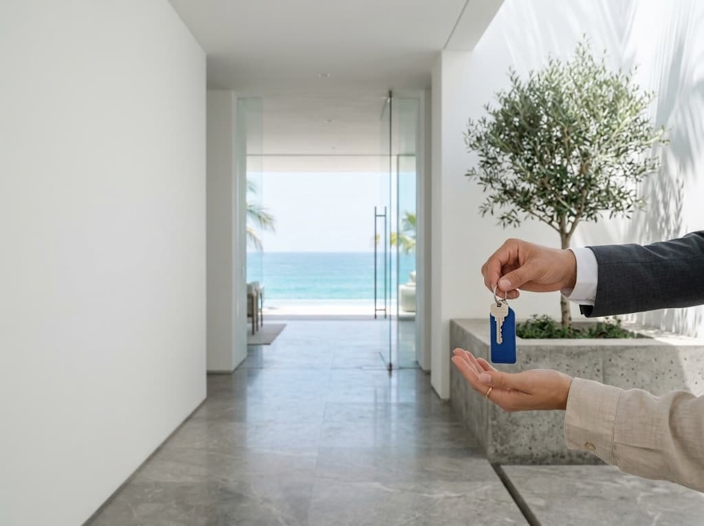 Entrega de unas llaves con llavero azul en el vestíbulo de una casa frente al mar.