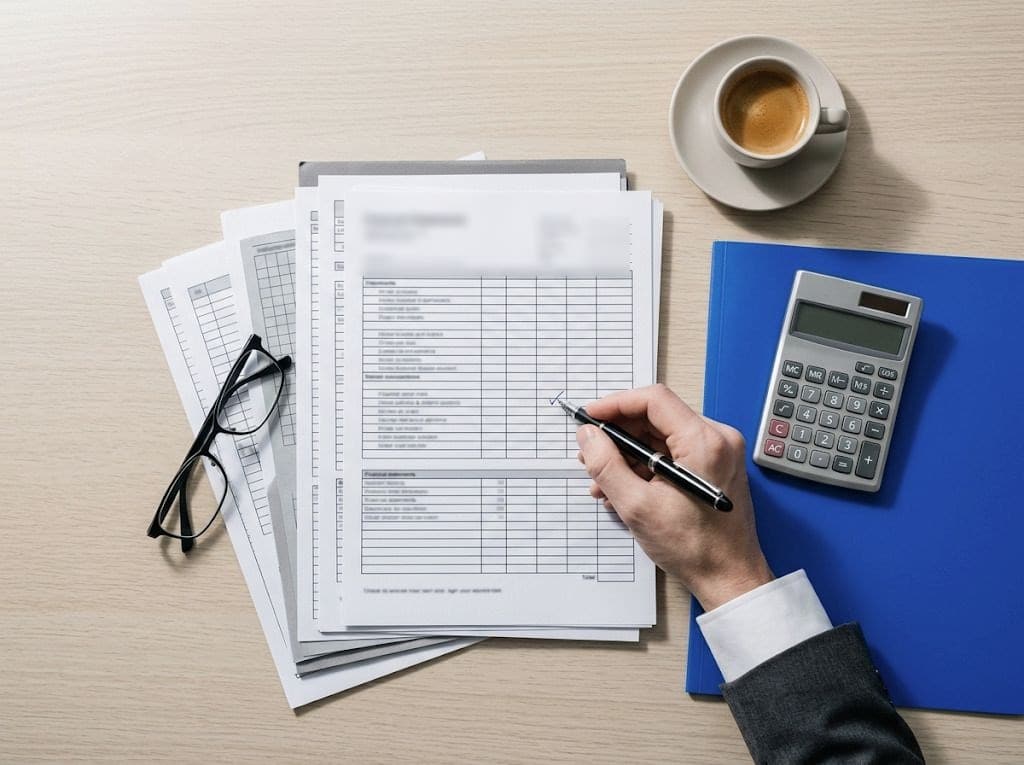 Estados financieros, una calculadora y una carpeta azul sobre un escritorio, vistos desde arriba.